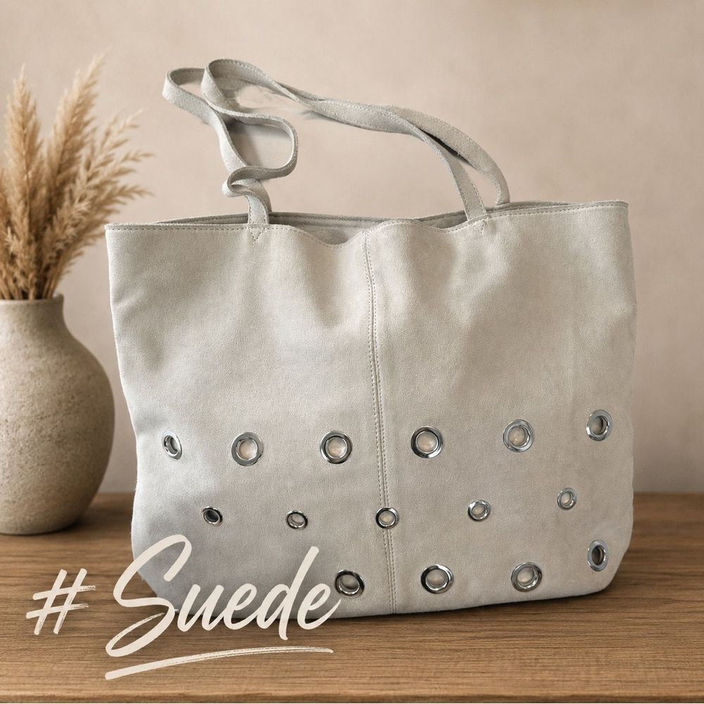 Moda Luxe Grey *Suede*โLeather Stylish Tote Bag with Metal Grommet Accents
